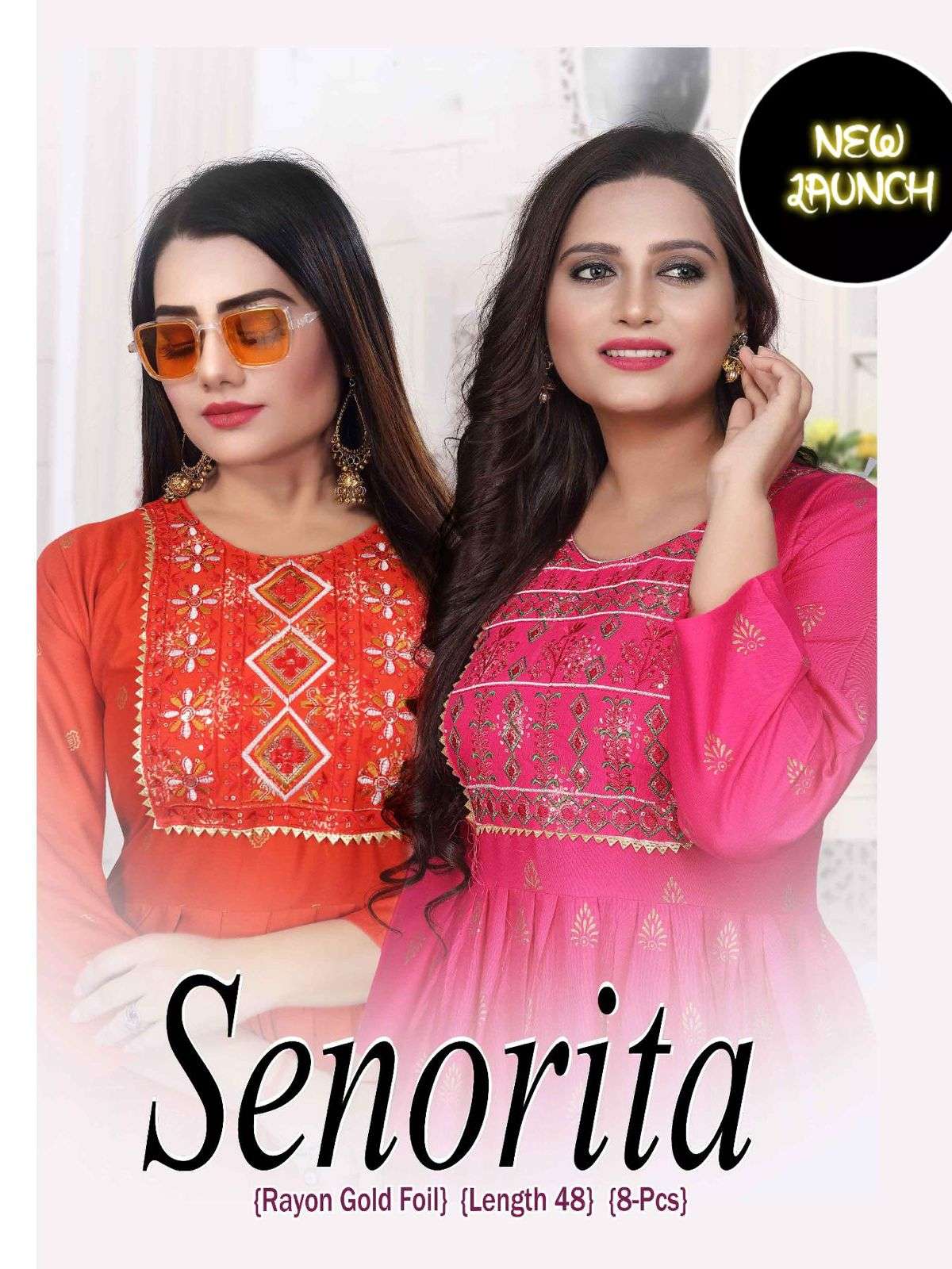 BEAUTY SENORITA VOL.2 HEAVY RAYONGOLD FOIL PRINT & EMBROIDERY WORK KURTI CATALOG WHOLESALER BEST RATE