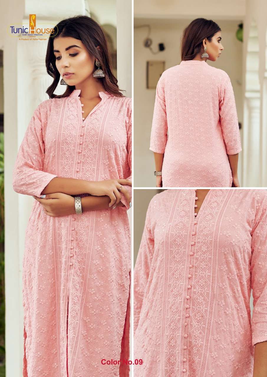 CHIKANKARI BABY PINK RAYON SEQUINCE WORK KURTI ( MTO2XL SET)