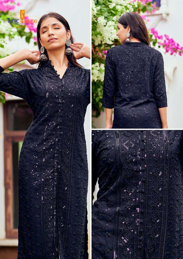 CHIKANKARI BLACK RAYON SEQUINCE WORK KURTI (MTO2XL SET)