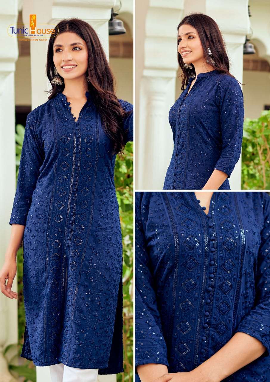 CHIKANKARI BLUE RAYON SEQUINCE WORK KURTI (MTO2XL SET)