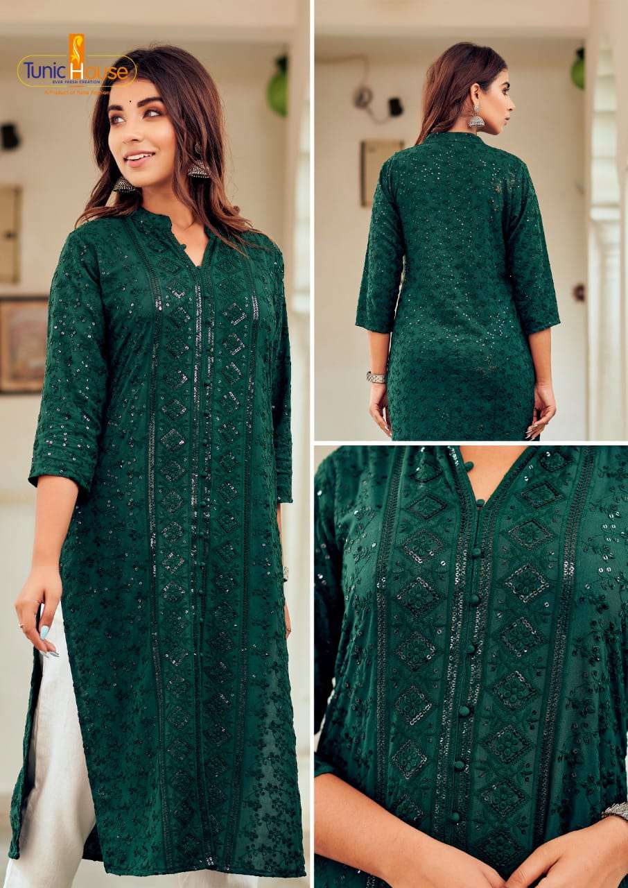 CHIKANKARI GREEN RAYON SEQUINCE WORK KURTI (MTO2XL SET)