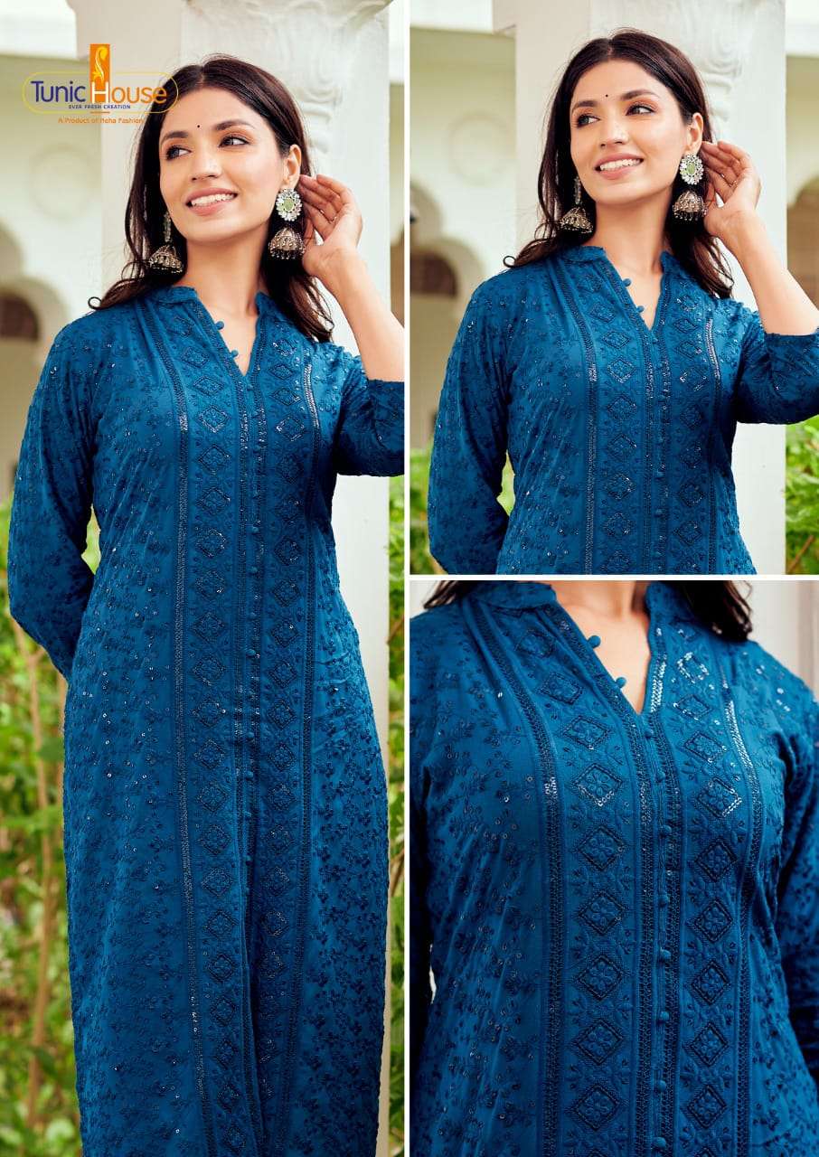 CHIKANKARI TEAL BLUE RAYON SEQUINCE WORK KURTI (MTO2XL SET)