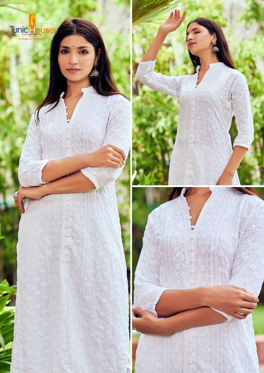 CHIKANKARI WHITE RAYON SEQUINCE WORK KURTI (MTO2XL SET)