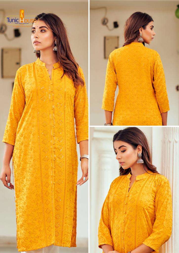 CHIKANKARI YELLOW RAYON SEQUINCE WORK KURTI (MTO2XL SET)