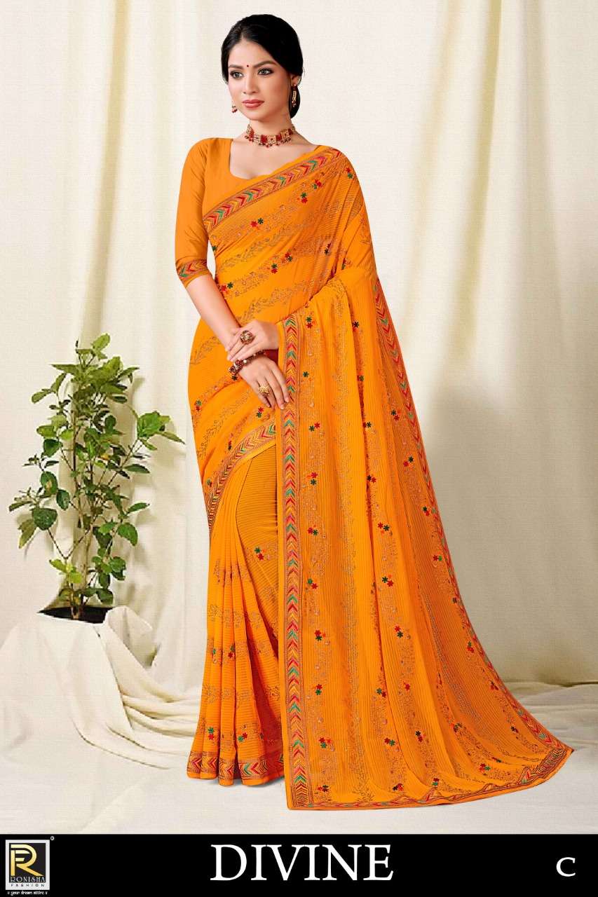 Divine by ranjna saree fancy embroidery worked festive wear saree collction 