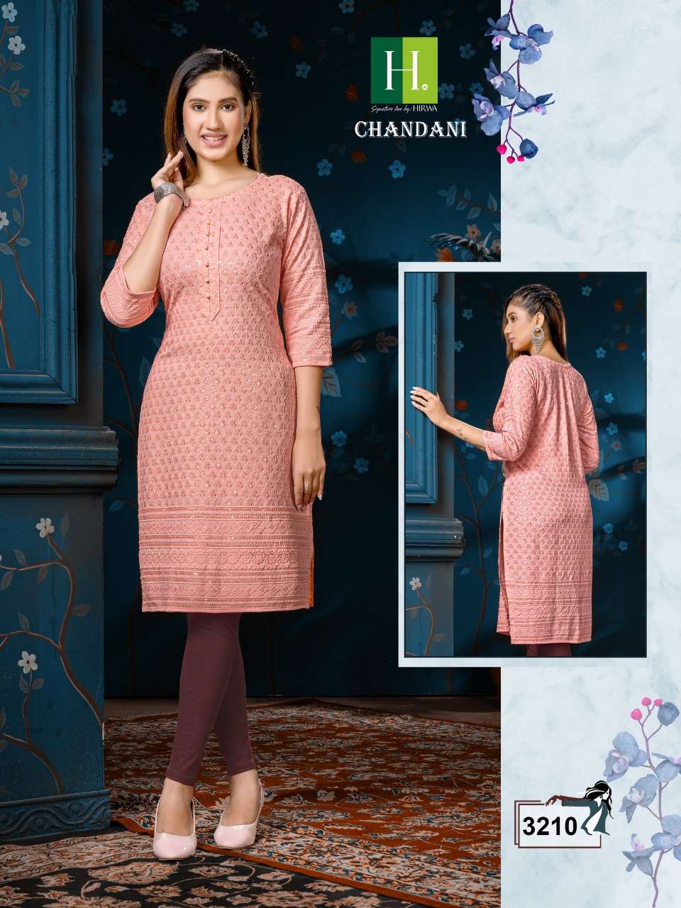 hirwa chandani rayon chikan schiffli kurti with sequence combo set 