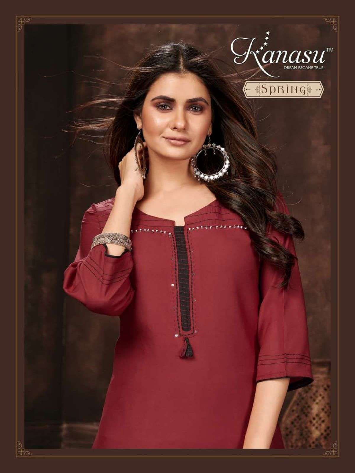  KANASU SPRING PREMIUM RAYON 16KG LIVA APPROVED STRAIGHT WITH EMBROIDERY AND MIRROR WORK PATTERN KURTI CATALOG WHOLESALER BEST RATE