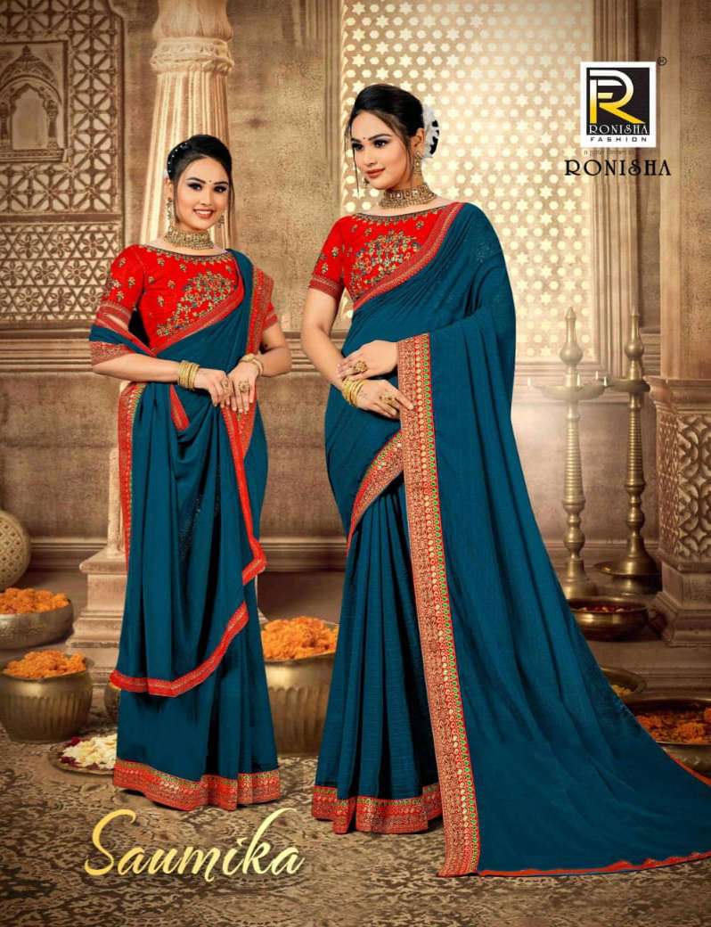 Saumika by ranjna saree fancy border work blouse saree collction 