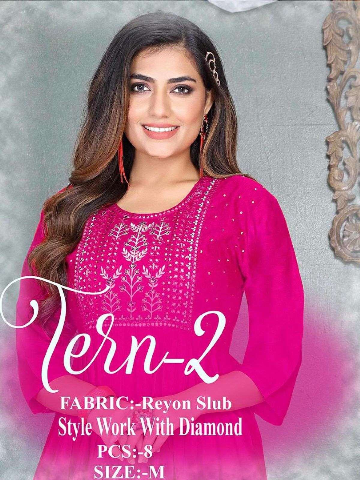 SUMMER SPECIAL TERN-2 Heavy Rayon Slub Fancy Embroidery work & Diamond Work Flair Kurti CATALOG WHOLESALER BEST RATE