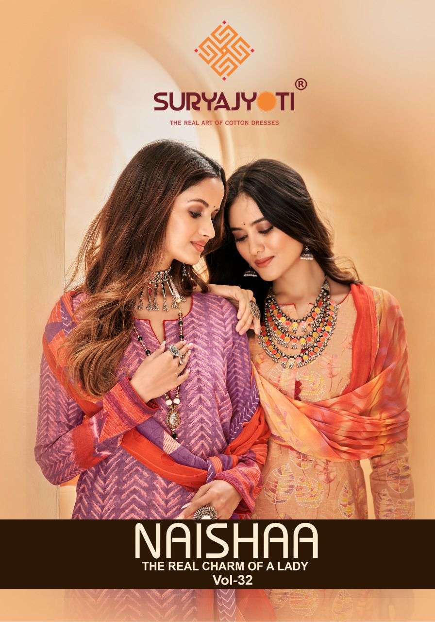 suryajyoti naishaa vol 32 long cotton salwar suits materials with chiffon dupatta 