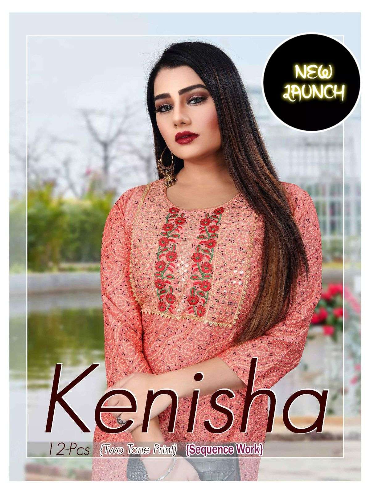 TRENDY KENISHA RAYON TWO TONE PRINT  & SEQUENCE WORK  PATTERN STRAIGHT KURTI CATALOG WHOLESALER BEST RATE