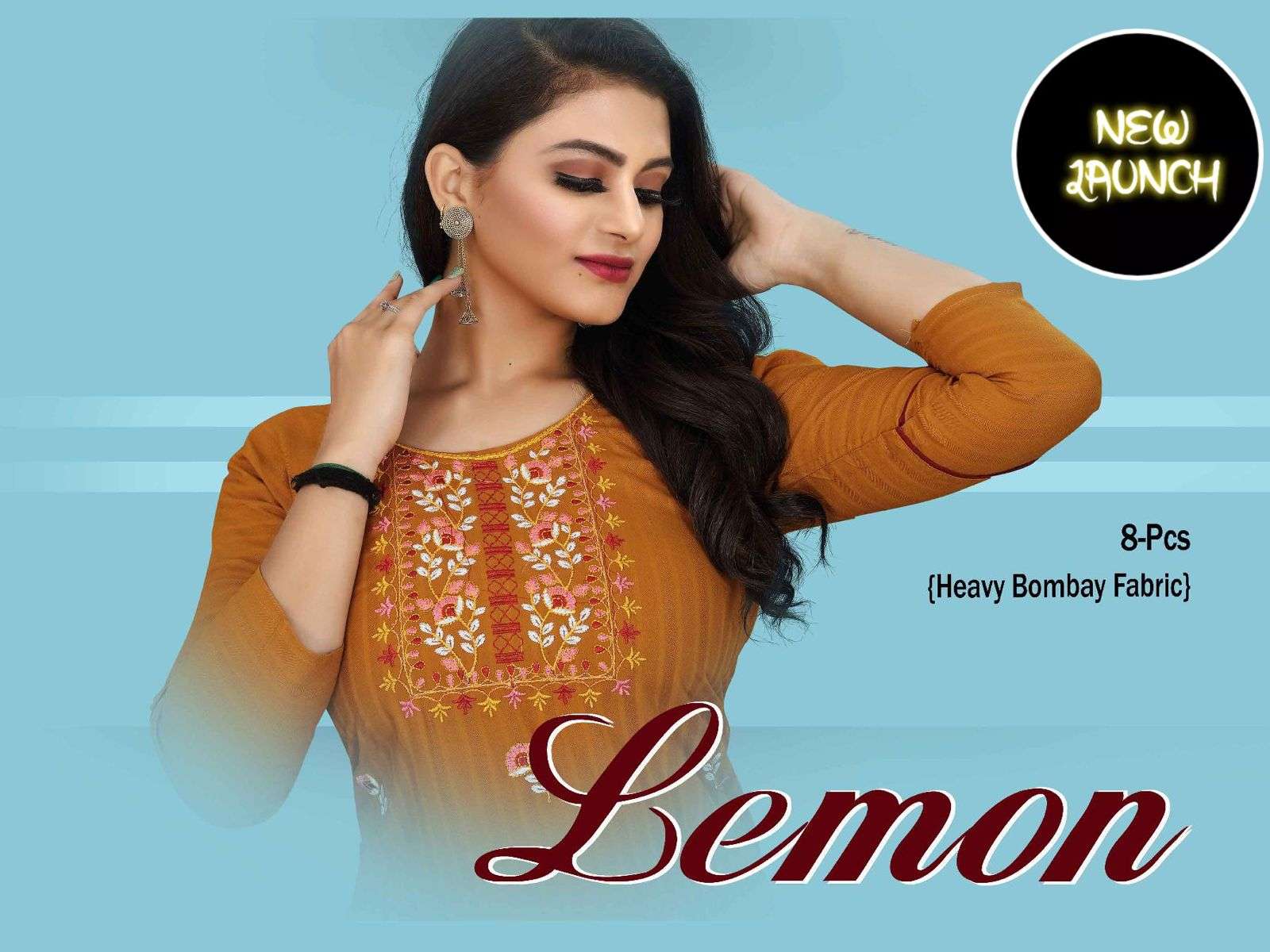 TRENDY LEMON HEAVY REYON BOMBAY FABRIC EMBROIDERY WORK STRAIGHT CUT KURTI CATALOG WHOLESALER BEST RATE