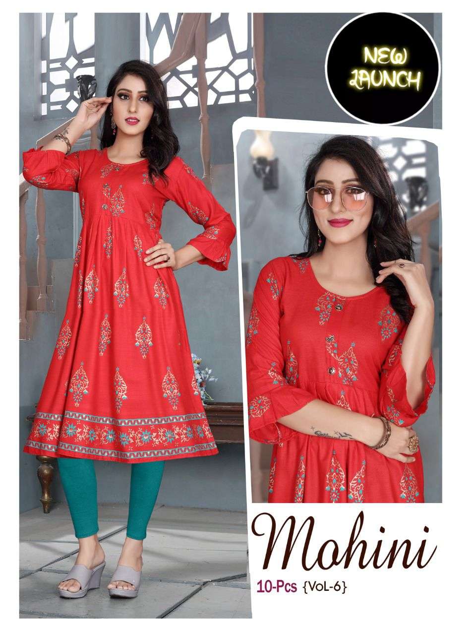 TRENDY MOHINI V.6 Rayon 14 Kg Goil Foil and Screen Block Work Tux Pattern Kurti CATALOG WHOLESALER BEST RATE