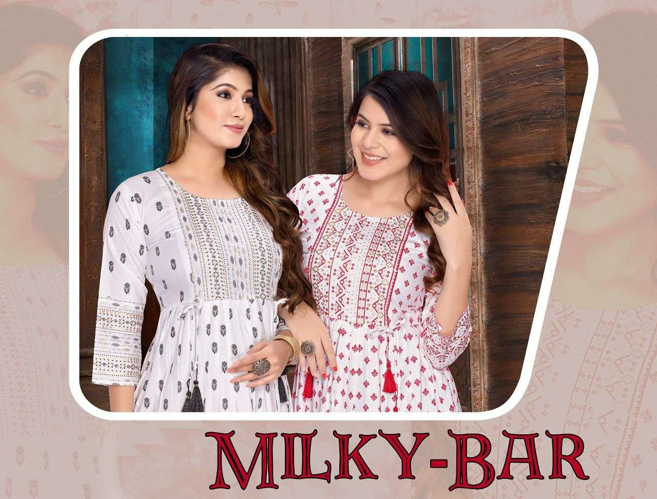 TRENDY WHITE MlLKY BAR Rayon Gold Foil  Print KURTI CATALOG WHOLESALER BEST RATE AHMEDABAD SURAT CHENNAI MUMBAI MALAYSIA