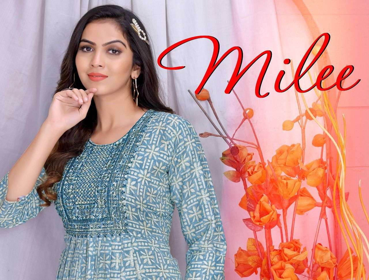 Trendz Milee Rayon Capsule Foil Print EMBROIDERED STRAIGHT Naira CUT KURTI CATALOG WHOLESALER BEST RATE