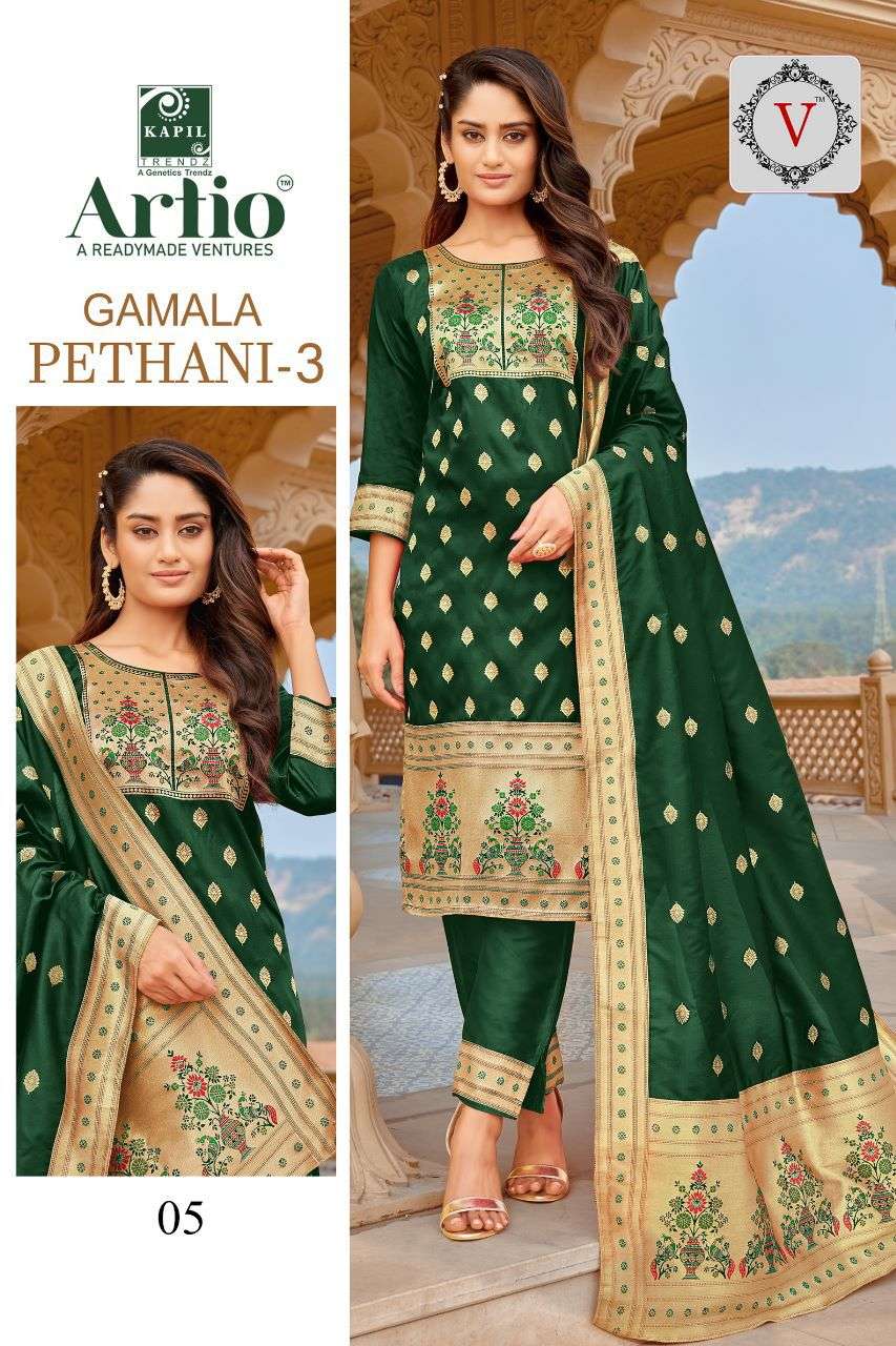 artio gamala pethani vol 3 silk top with pant and dupatta set 