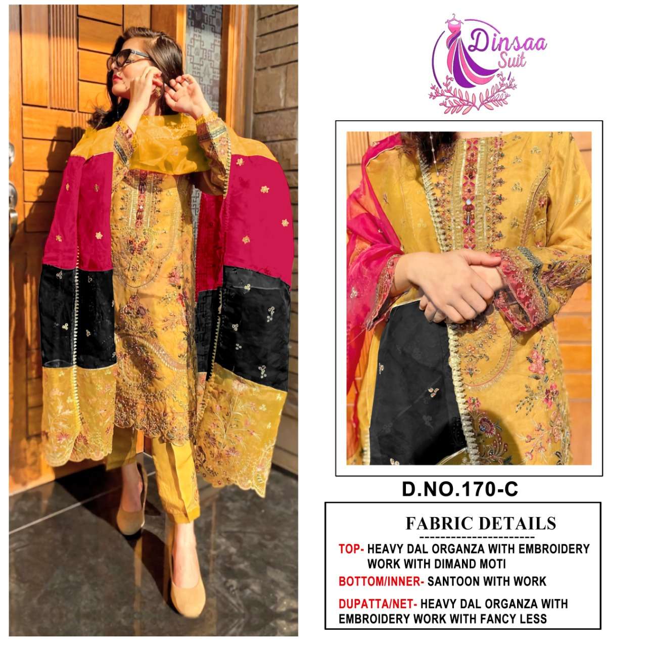 dinsaa suit ds 170 organza with work pakistani dresses supplier