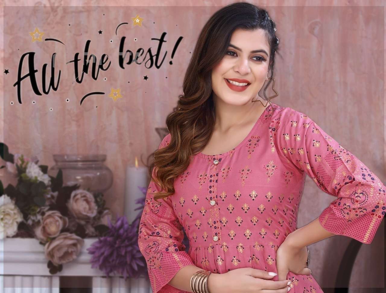 GOLDEN ALL THE BEST Heavy Reyon 14 Kg Fancy Pattern Flair Gold Foil Print KURTI CATALOG WHOLESALER BEST RATE