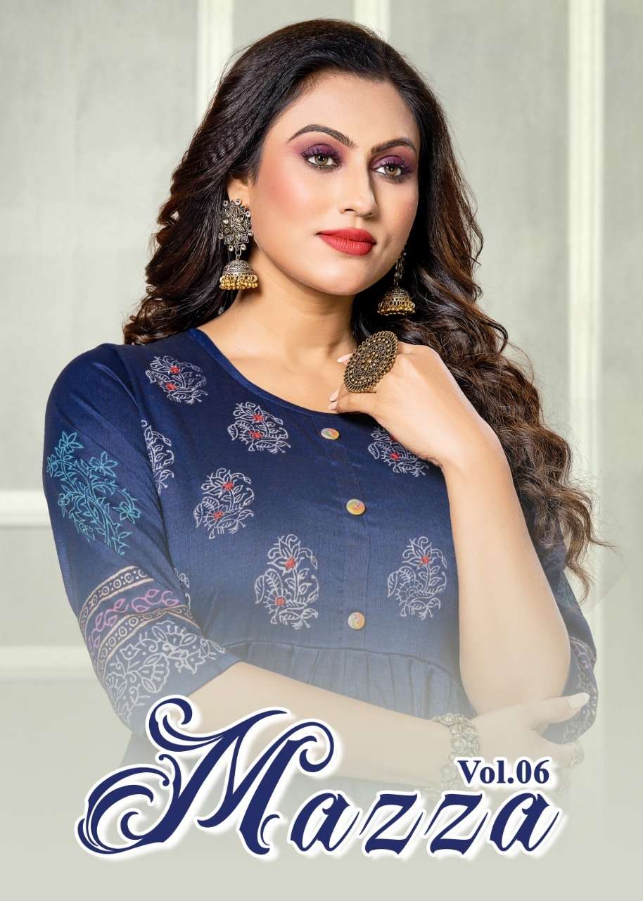 MAYRA MAAZA Vol-6 REYON 2 TON WITH Hand work and block and screen work CONCEPT KURTI CATALOG WHOLESALER BEST RATE