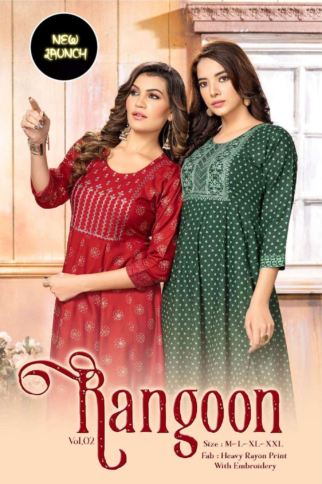 GOLDEN RANGOON V.2 HEAVY RAYON PRINT KURTI CATALOG WHOLESALER BEST RATE