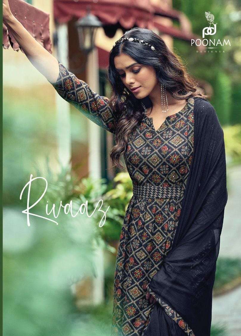 rivaaz by poonam rayon capsul printed nyra cut readymade suit with belt