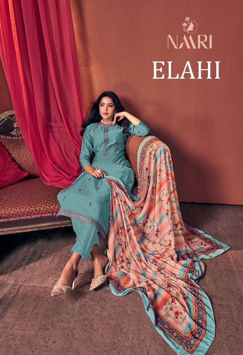 naari elahi unstitch pure silk kurti and pant with muslin printed dupatta 