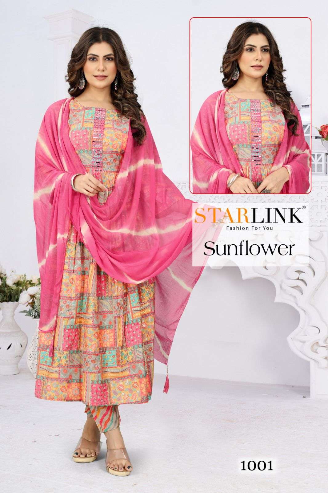 starlink sunflower readymade nyra cut top with bottom and dupatta combo set 