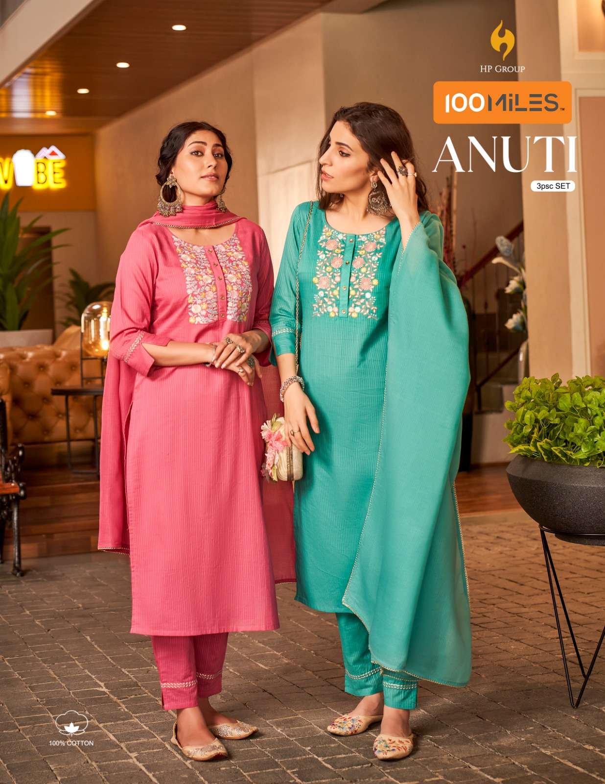 anuti by 100 miles readymade 3 pcs set kurti with pant and dupatta