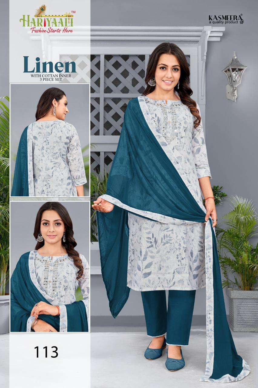 hariyaali linen 108-116 readymade fancy print kurti pant dupatta combo set 