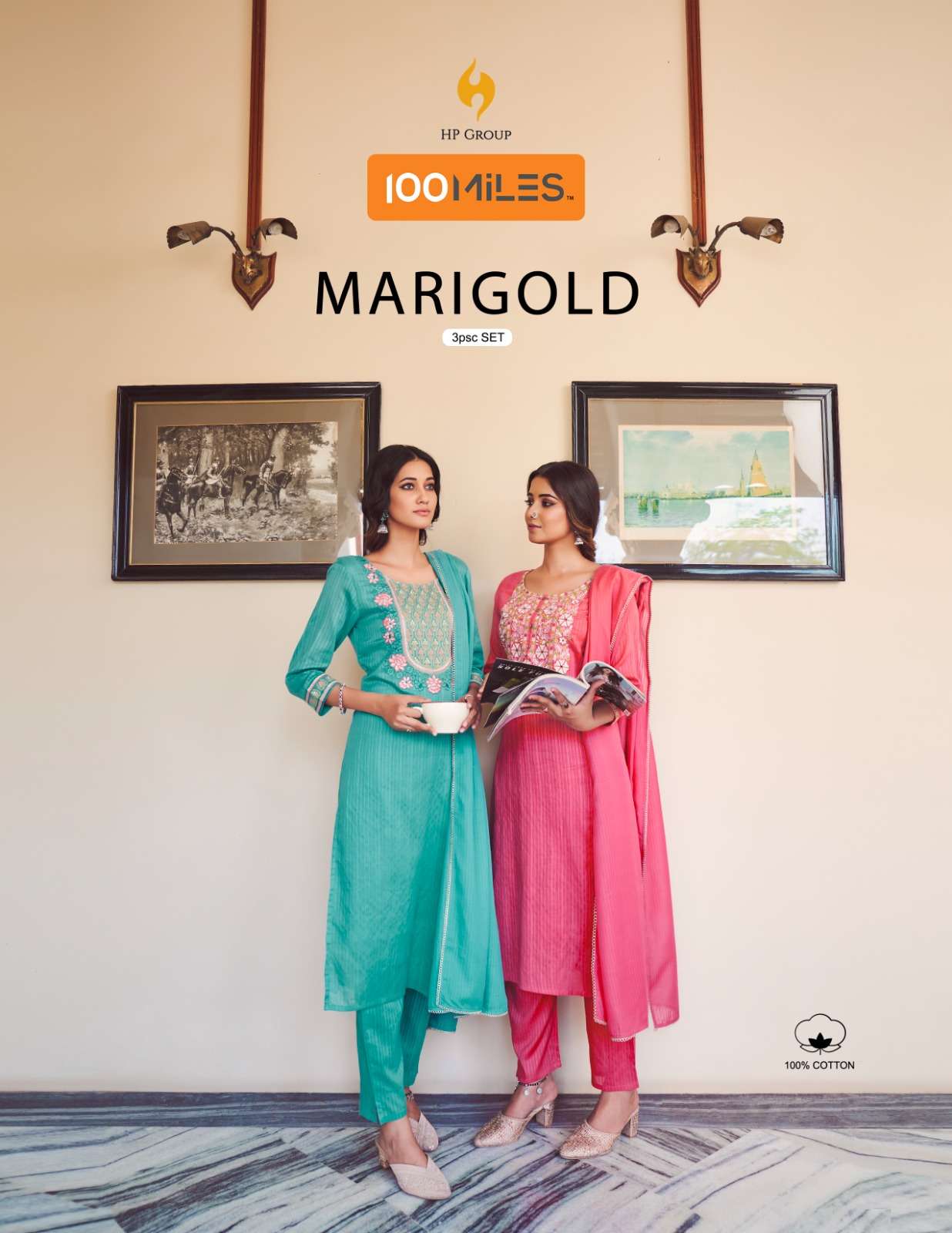 marigold by 100 miles fancy embroidered kurti with pant and dupatta