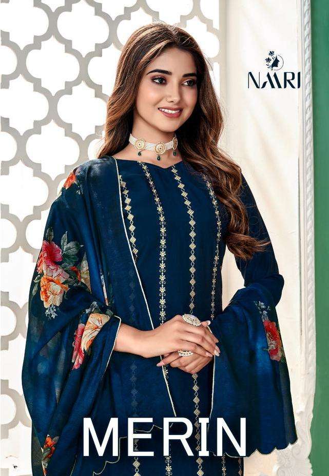 naari present merin embroidered work unstitch salwar suit with printed dupatta 