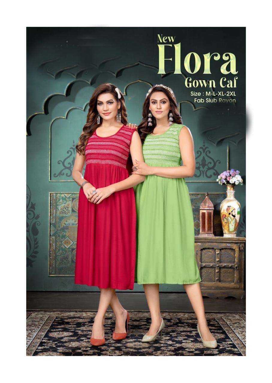 TRENDY NEW FLORA GOWN CAL FANCY RAYON SLUB KURTI CATALOG WHOLESALER BEST RATE