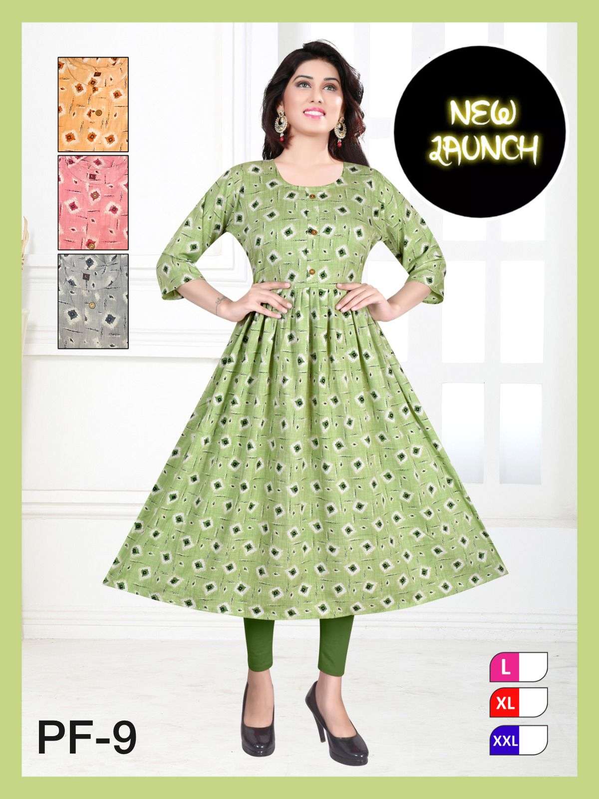 TRENDY PF-9 BSY LONG PRINTED GHERA KURTI four colour matching 