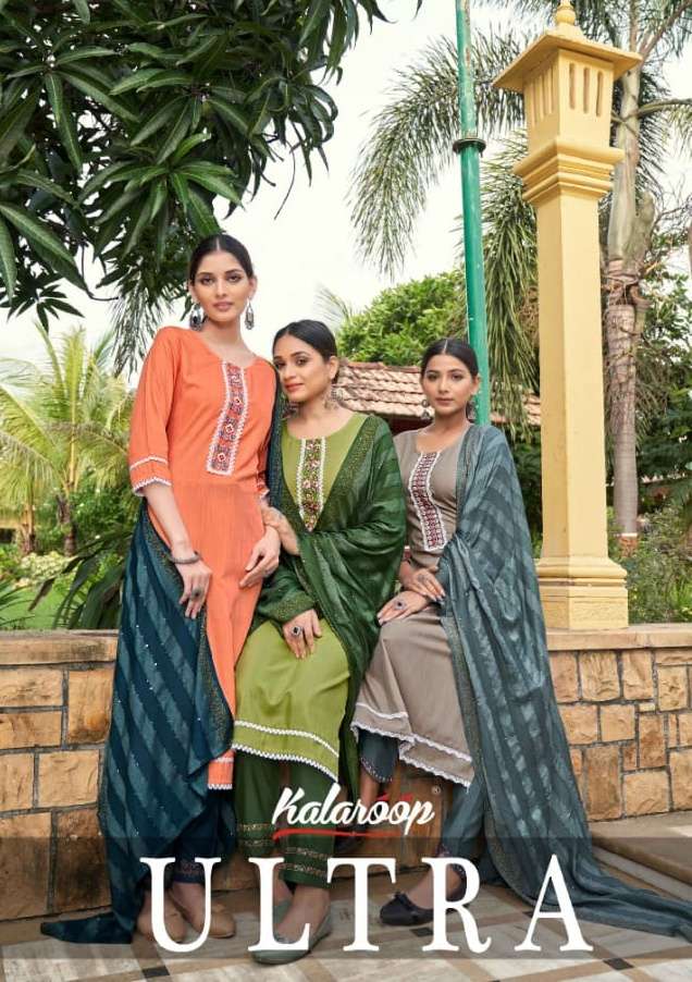 ultra by kalaroop readymade neck work kurti with pant and dupatta