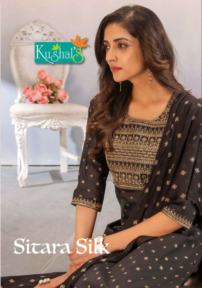 KUSHAL SITARA SILK HEAVY FANCY FABRIC WITH EMBROIDERY WORK READYMADE SUIT CATALOG WHOLESALER BEST RATE