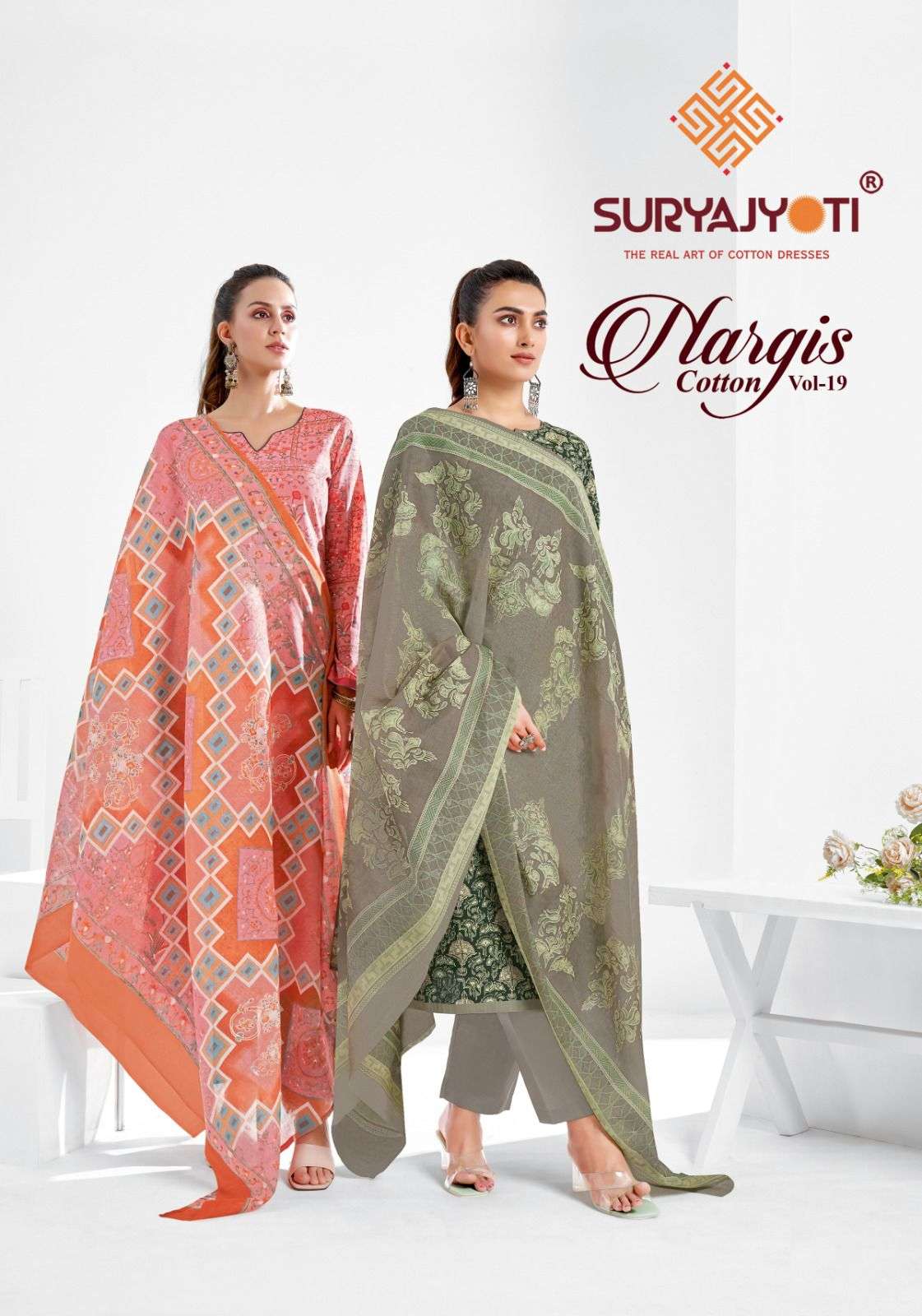 suryajyoti nargis cotton vol 19 adorable printed dress materials best rate