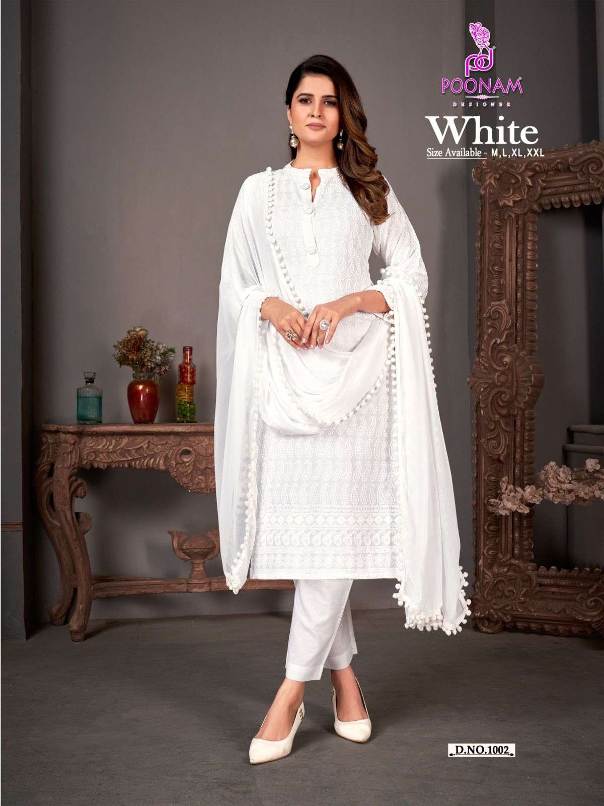 white 1001-1004 by poonam designer chikankari work readymade salwar kameez