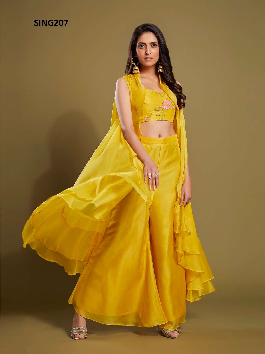arya sing207 designer yellow colour sequin thread work readymade plazzo with blouse and jacket 