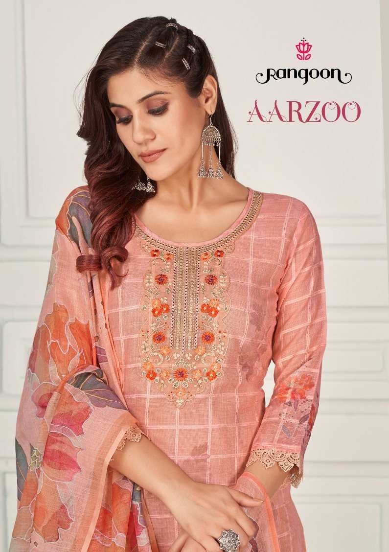 rangoon present aarzoo adorable digital print neck embroidered work kurti with pant and dupatta 