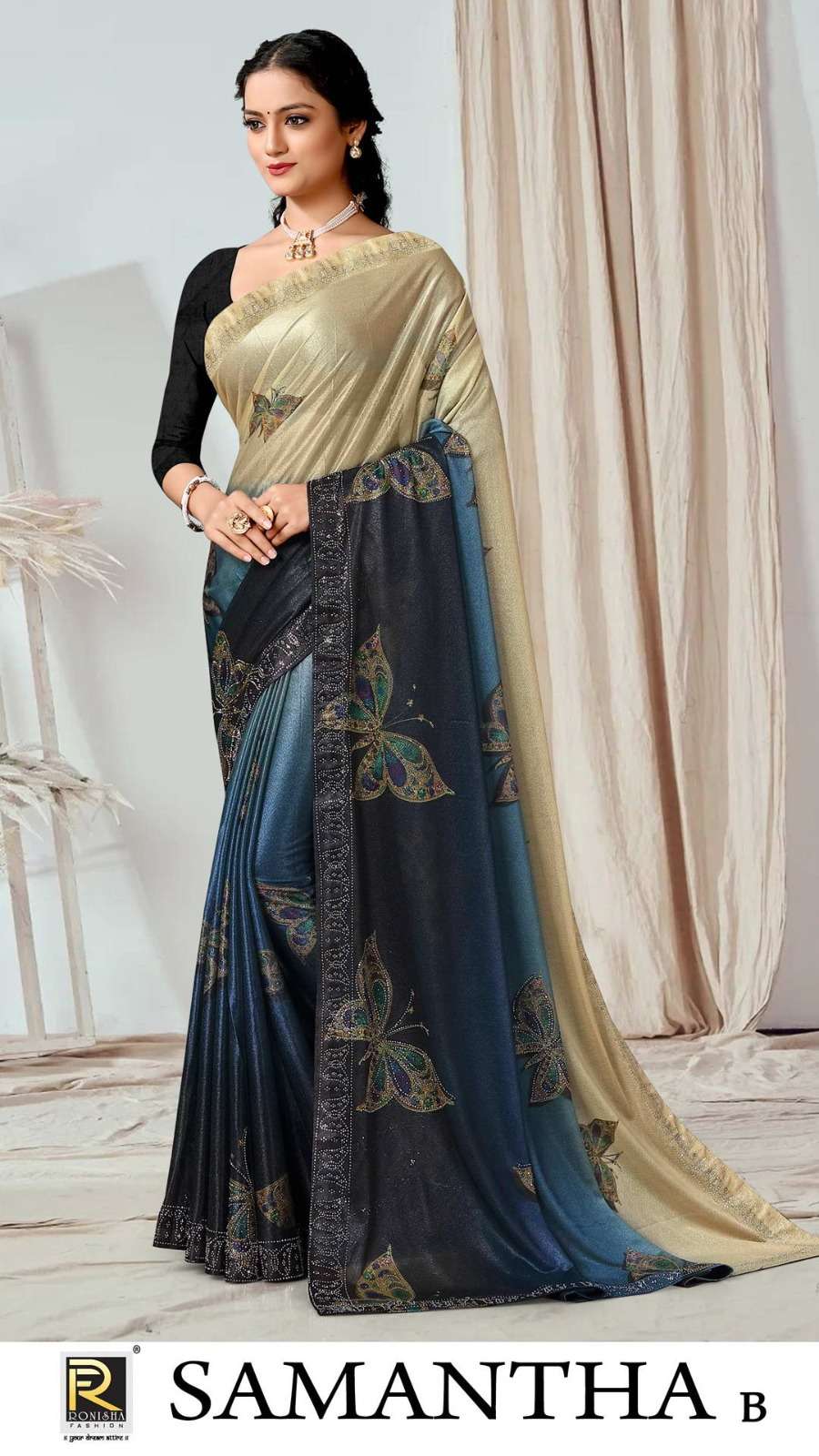 SAMANTHA  BY RANJNA SAREE FABRICS IMPORTED LYCRA PRINT WITH SIROSKI DIAMOND WORK WORK FANCY DESIGNER SAREE