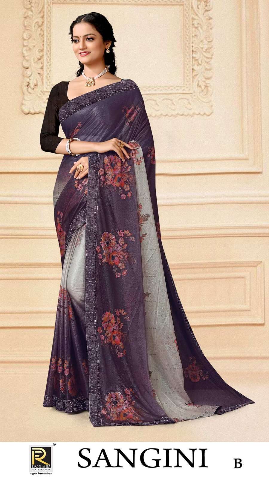 SANGINI BY RANJNA SAREE FABRICS IMPORTED LYCRA PRINT WITH SIROSKI DIAMOND WORK WORK FANCY DESIGNER SAREE