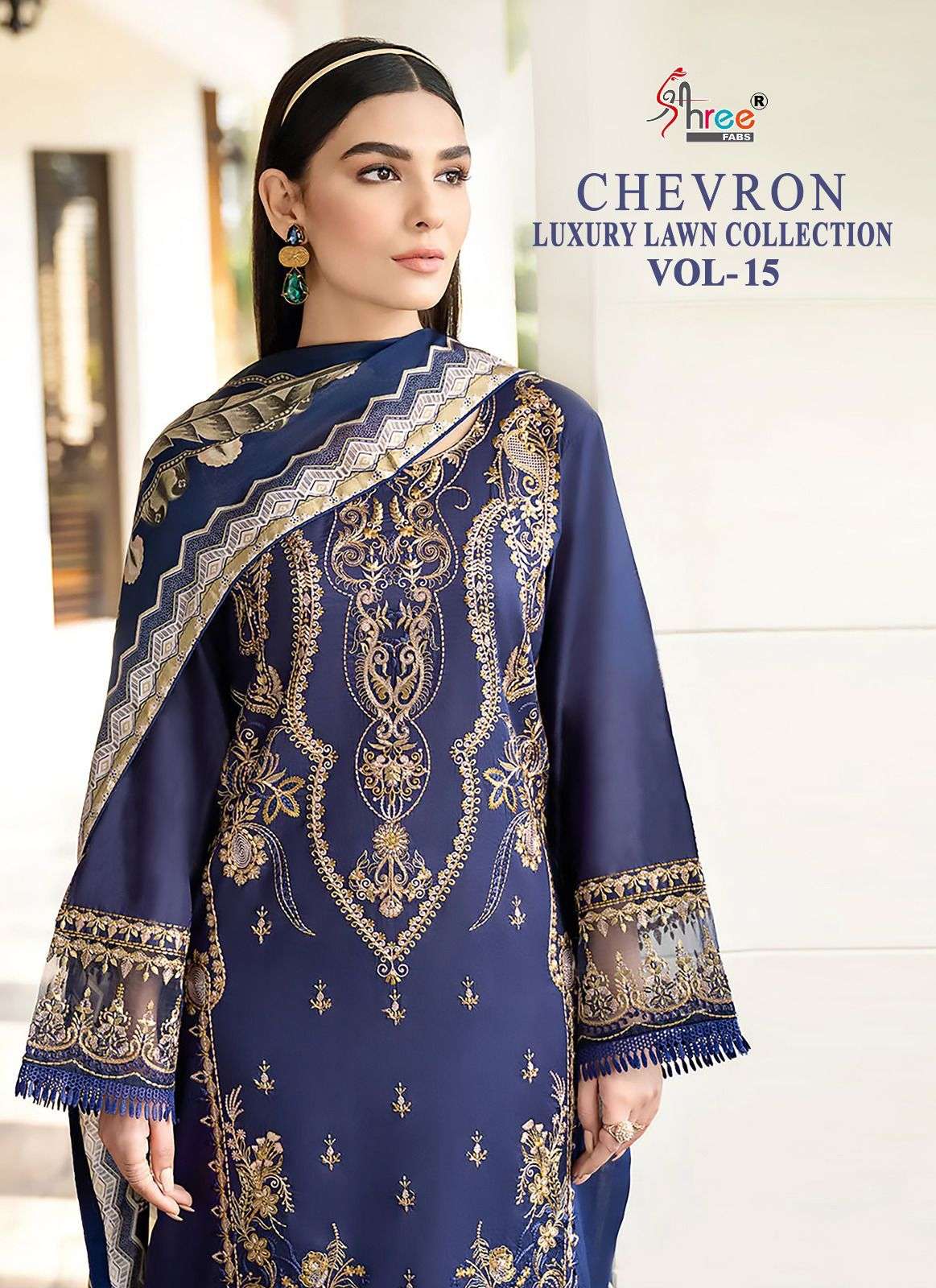 shree fabs chevron luxury lawn collection vol 15 heavy work pakistani salwar kameez wholesaler 