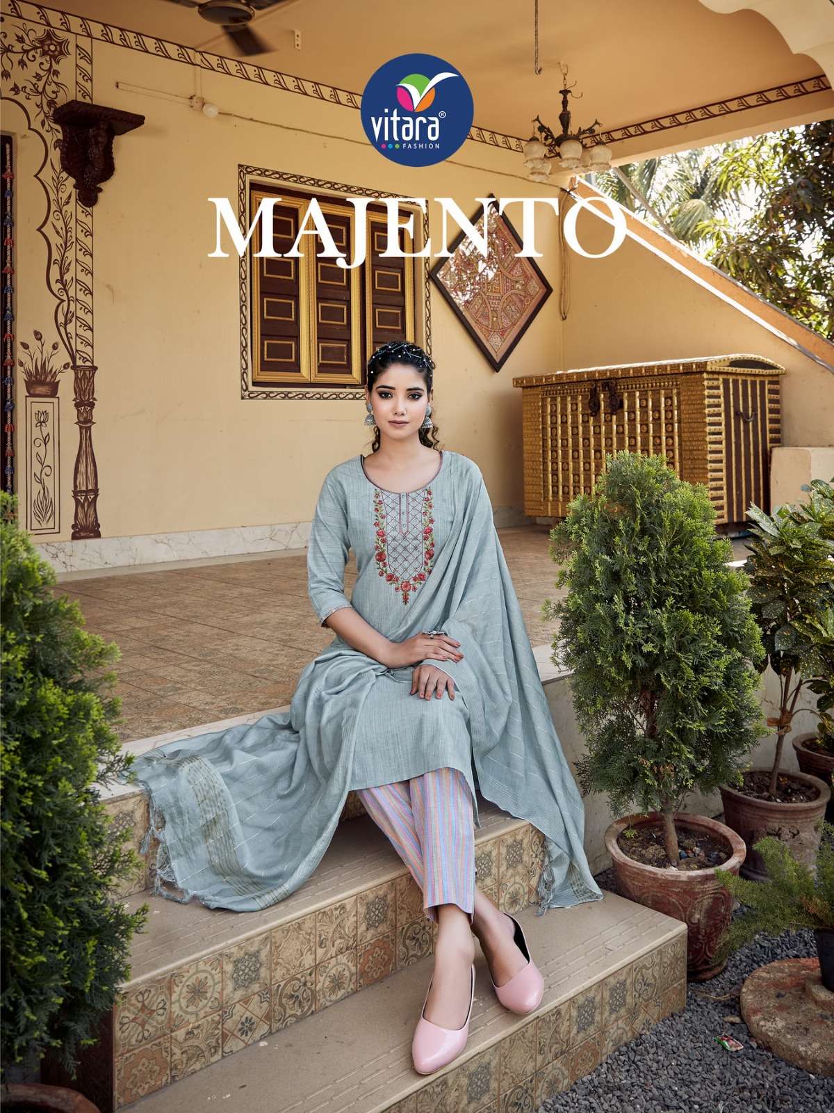 vitara fashion present majento fancy designer adorable kurti with pant and dupatta