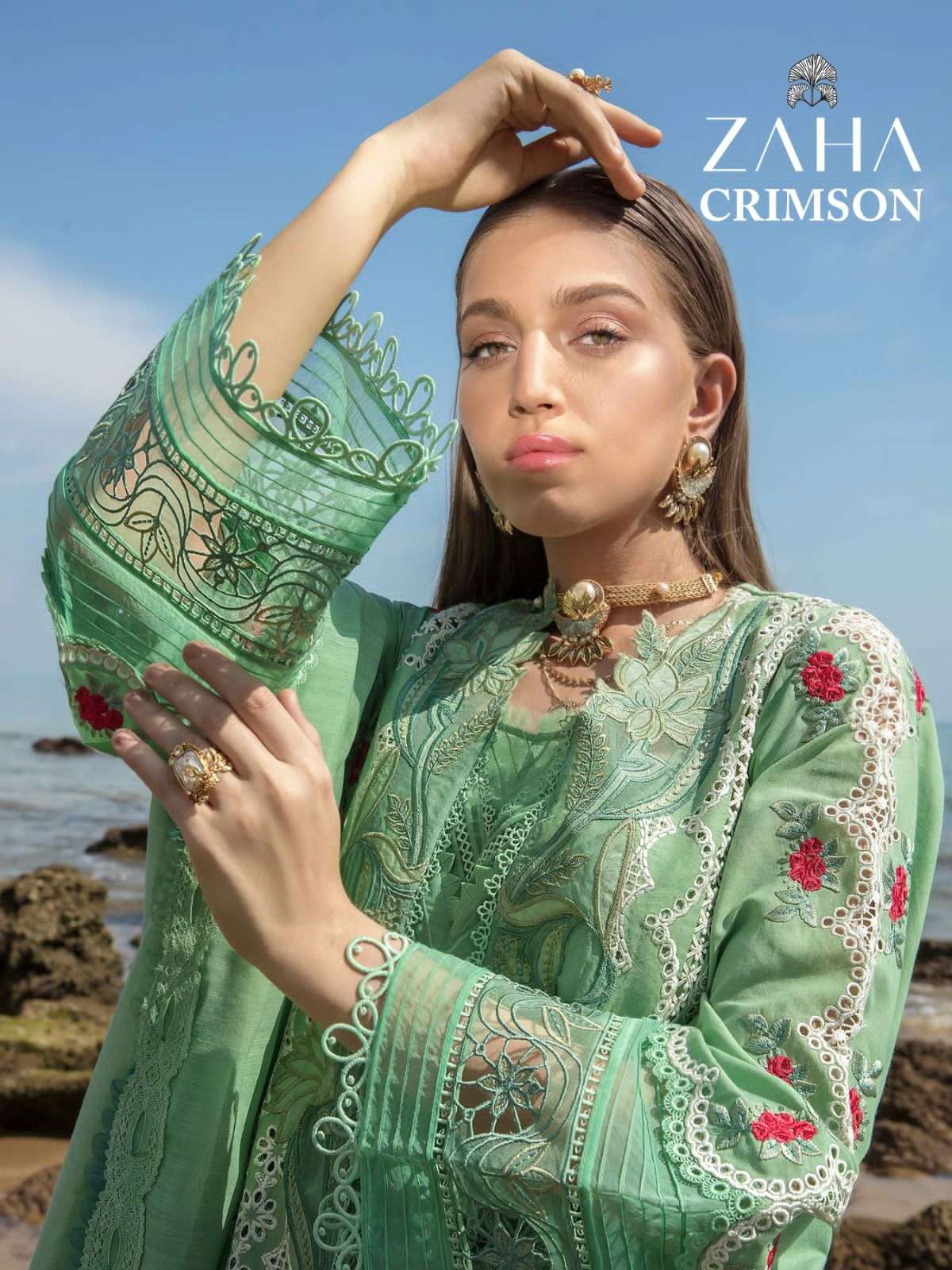 zaha present crimson amazing heavy work designer pakistani salwar kameez collection 