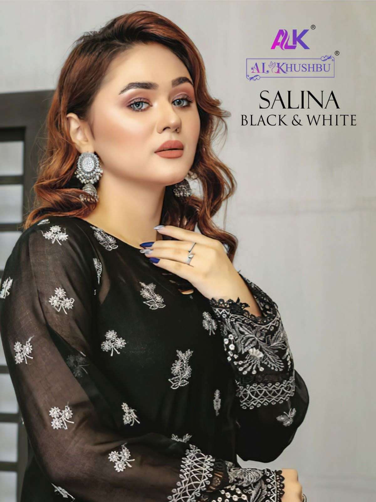 al khushbu salina black & white designer work pakistani salwar kameez online supplier 