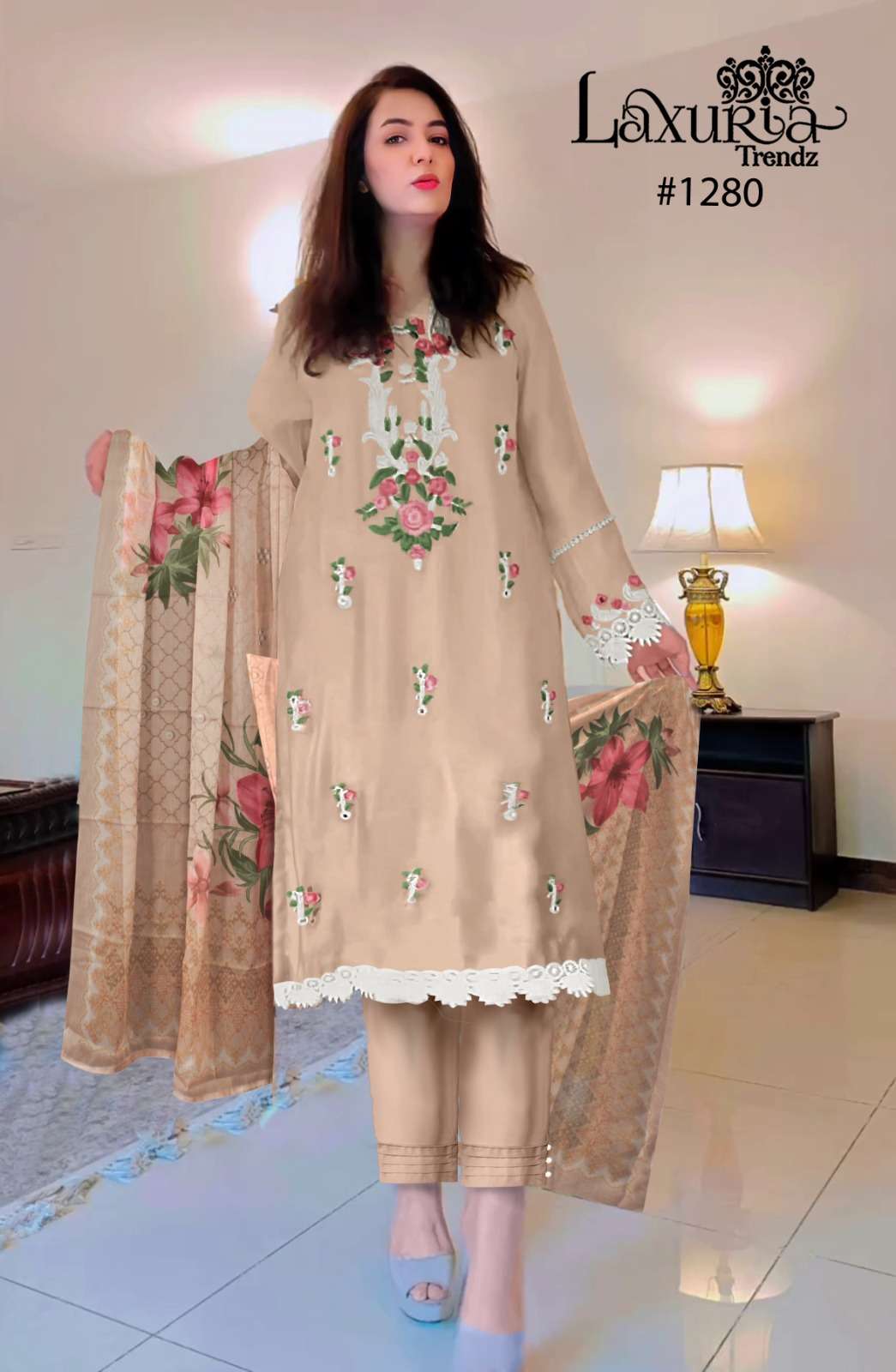 laxuria 1280 designer handwork pakistani kurti with pant and digital print dupatta