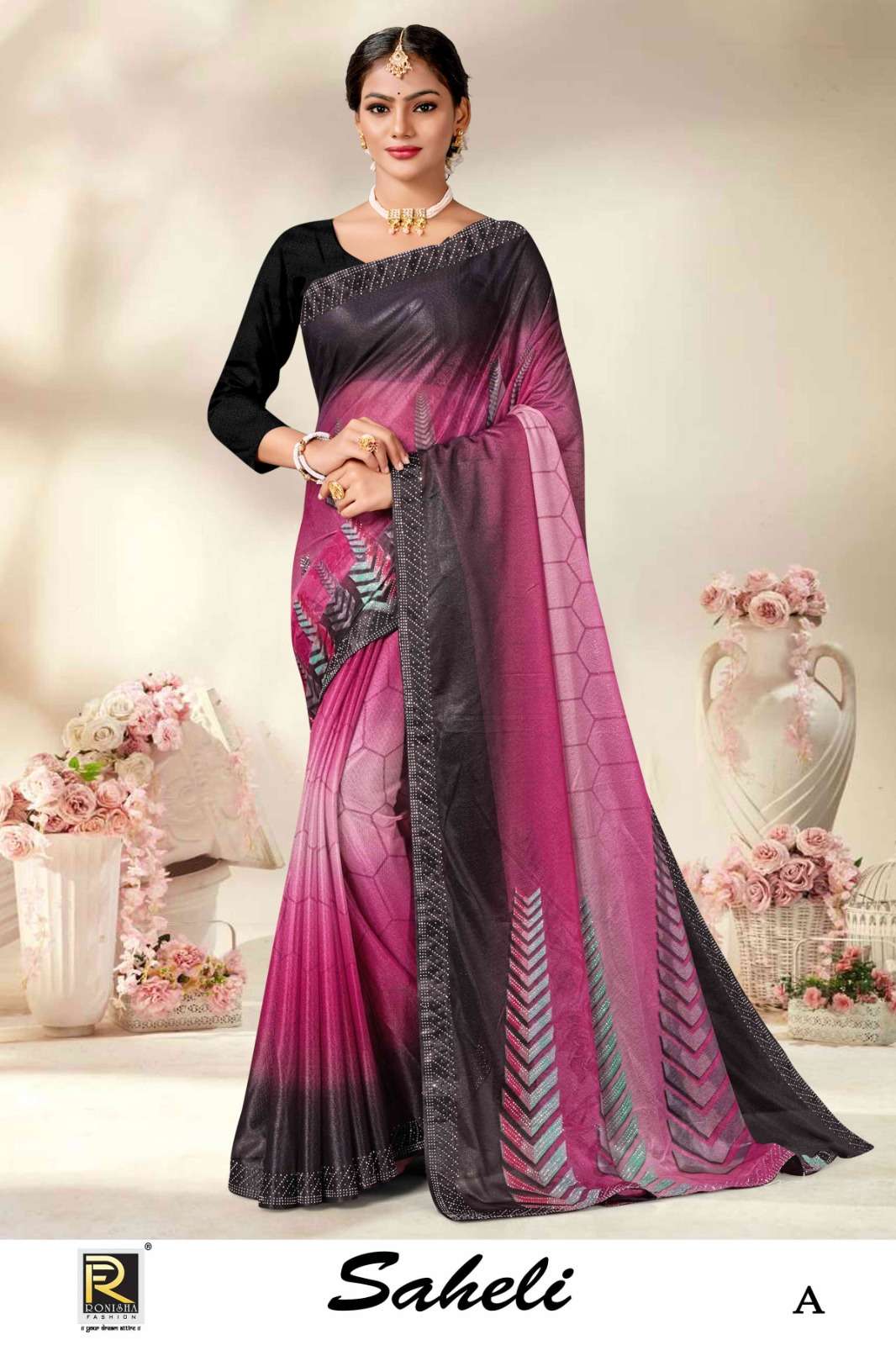 SAHELI BY RANJNA SAREE FABRICS IMPORTED LYCRA DIGITAL PRINT WITH SIROSKI DIAMOND DESIGNER SAREES