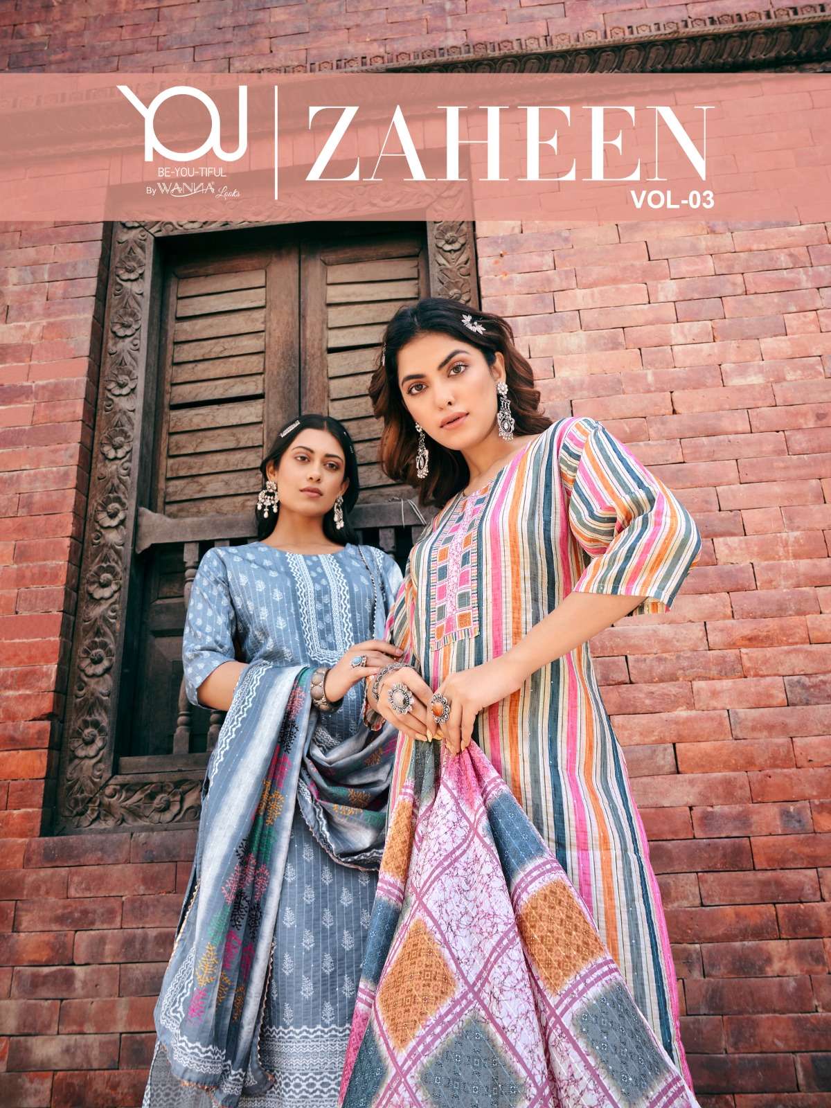 zaheen vol 3 by you wanna fancy chanderi silk digital kurti with pant and dupatta catalogue 