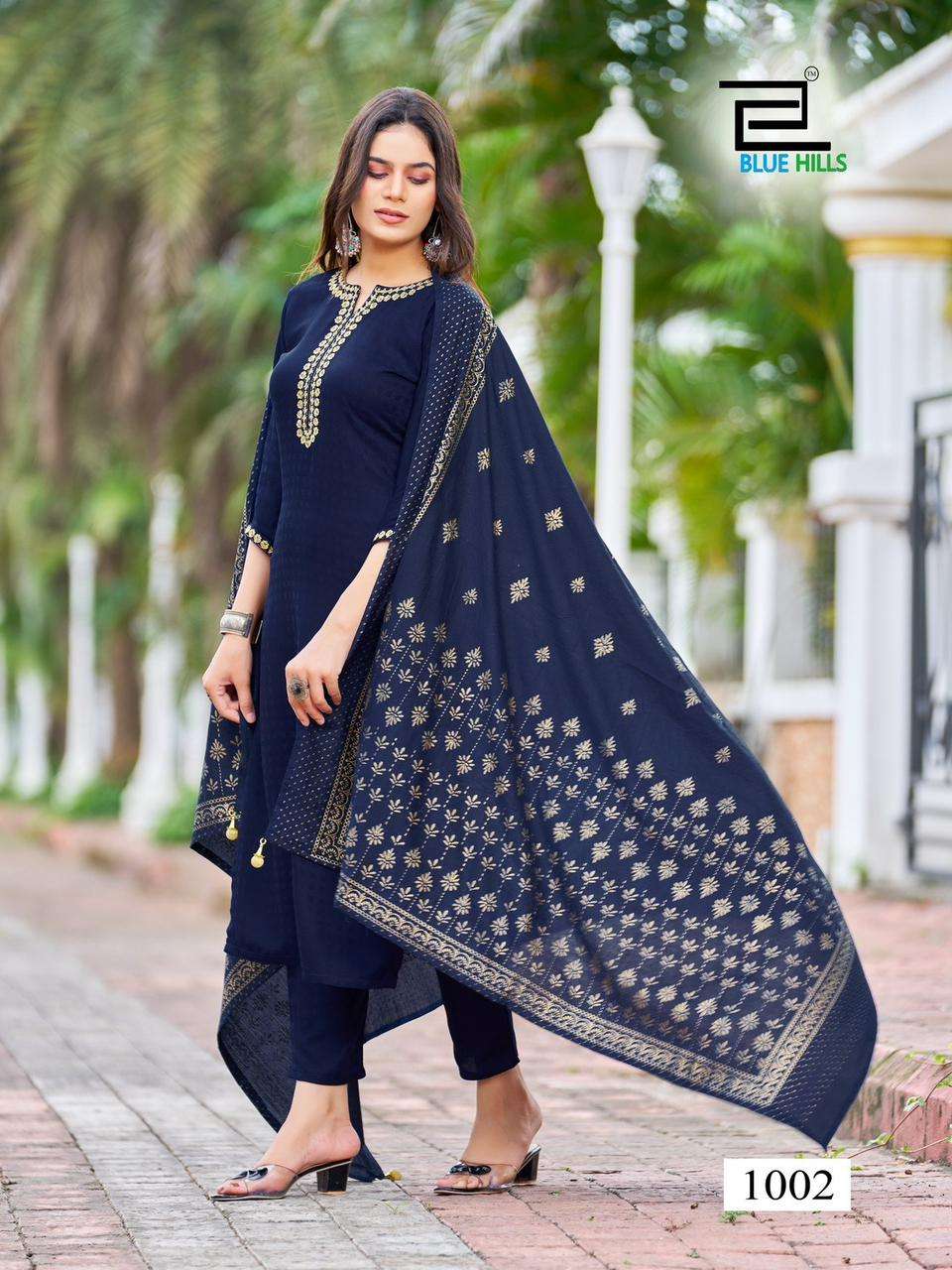 blue hills gulab jal fancy work readymade salwar kameez with chanderi dupatta supplier