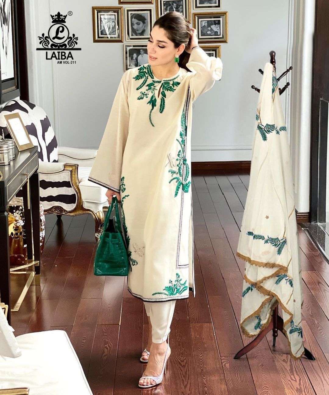 laiba am vol 211 fancy elegant handwork pakistani kurti with pant and dupatta catalog